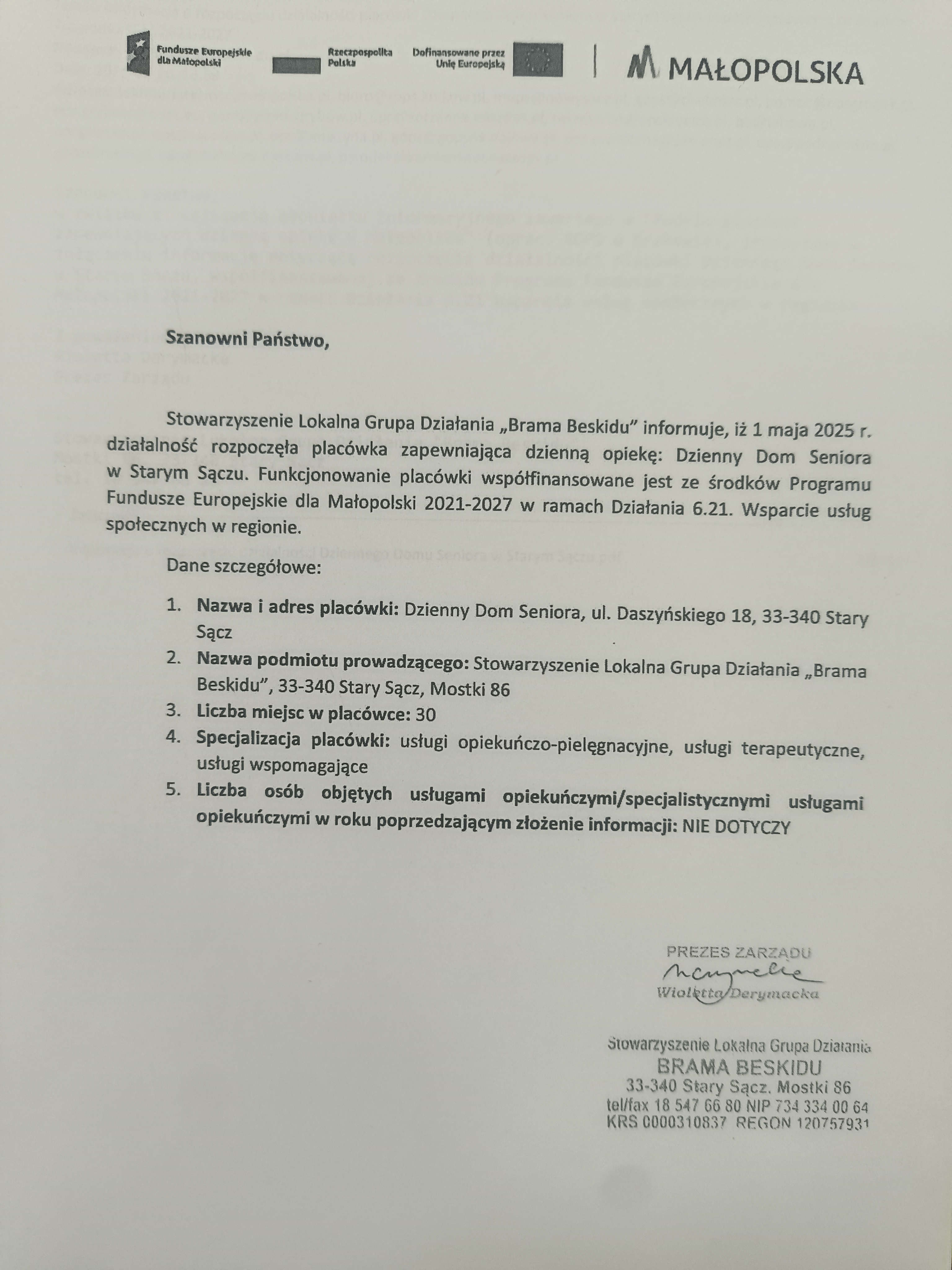 Informacja o rozpoczęciu działalności placówki Dziennego Domu Seniora w Starym Sączu współfinansowanej ze środków Programu FEM 2021-2027