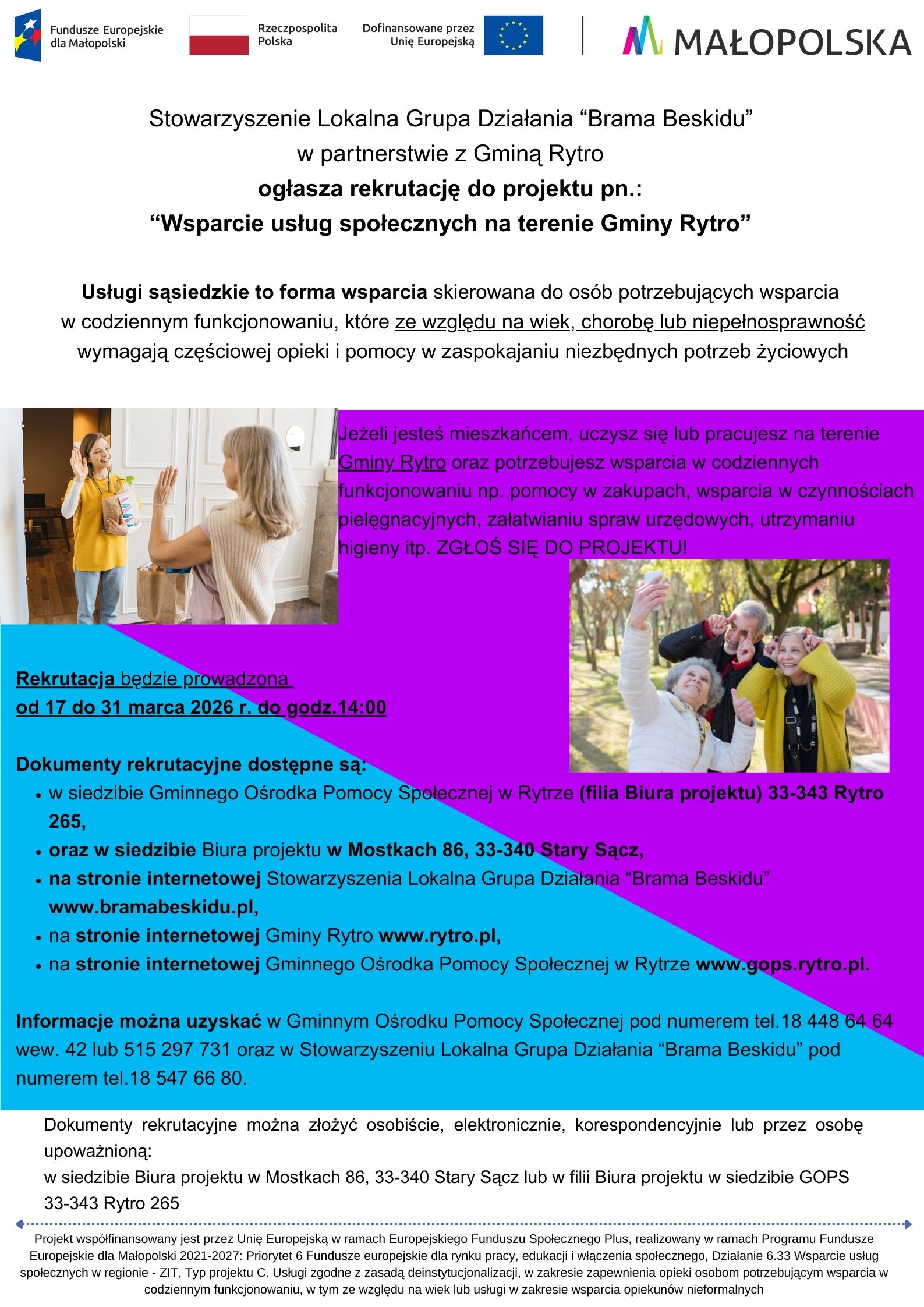 Rekrutacja do projektu pn. „Wsparcie usług społecznych na terenie Gminy Rytro”.